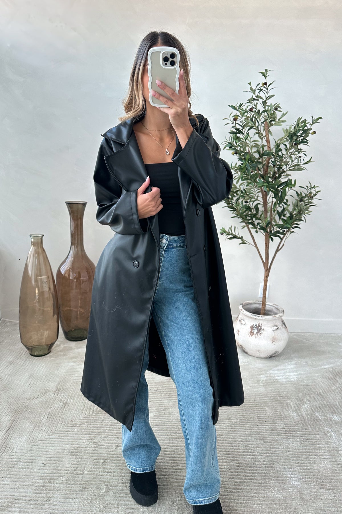 MATISSE - Black Faux Leather Trench Coat