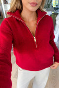 CHARMING - Red Half-Zip Knit Sweater