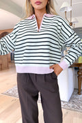 HOLLY - Pink Striped Half-Zip Knit Sweater