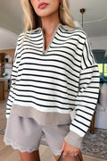 HOLLY - Taupe Striped Half-Zip Knit Sweater